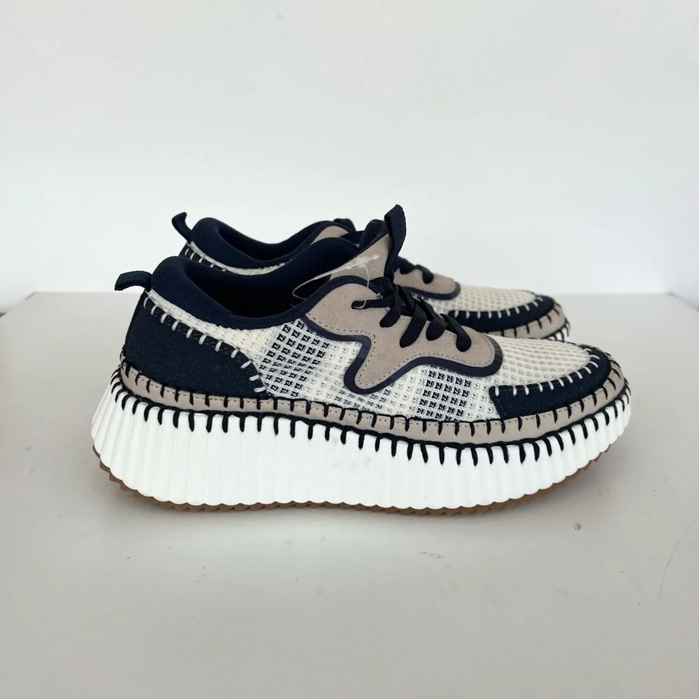 Claudia Ghizzani Whipstitch Chunky Heel Sneakers in Navy Blue and Cream, size 37